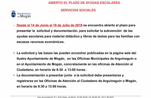 El Ayuntamiento de Mogán abre el plazo para solicitar las subvenciones para material didáctico y libros de texto