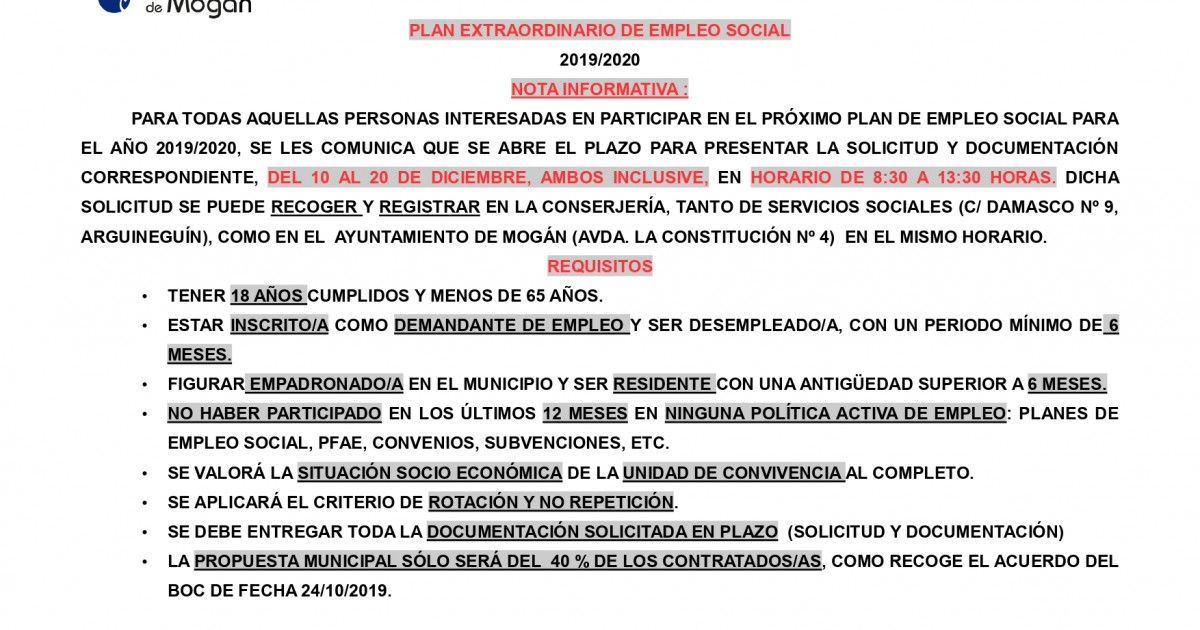 Mañana abre el plazo de solicitud para la primera fase del Plan de Empleo Social 2019-2020 de Mogán