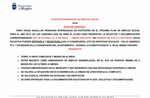 El lunes abre el plazo de solicitud para la segunda fase del Plan Extraordinario de Empleo Social 2019 de Mogán