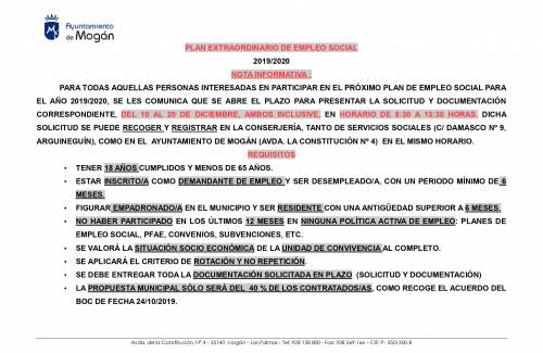 Mañana abre el plazo de solicitud para la primera fase del Plan de Empleo Social 2019-2020 de Mogán