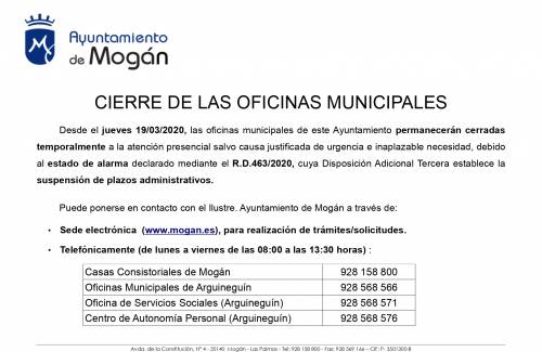 COMUNICADO: Cierre temporal de las oficinas municipales