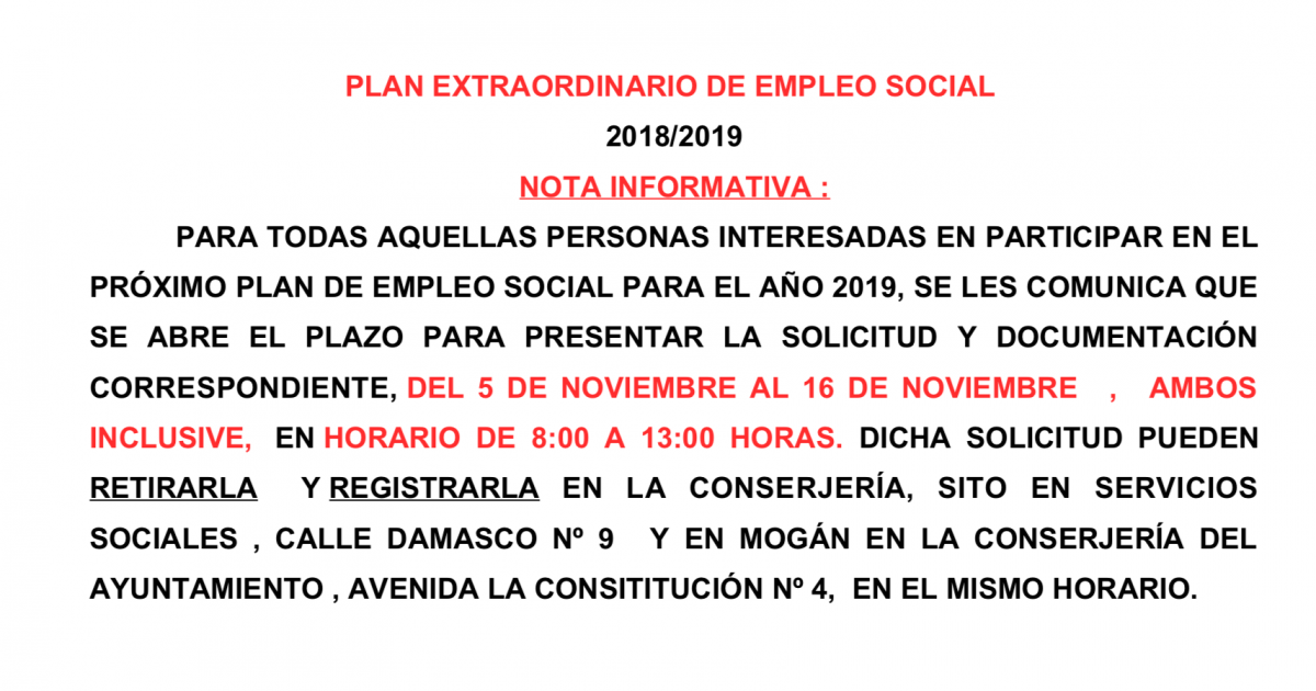 Mogán abre el plazo de solicitudes para el Plan Extraordinario de Empleo Social 2018-2019